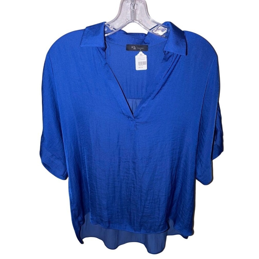 KLd by Karen Kane Womens Blue V-Neck Short Sleeve High Low Blouse Top M KD44562